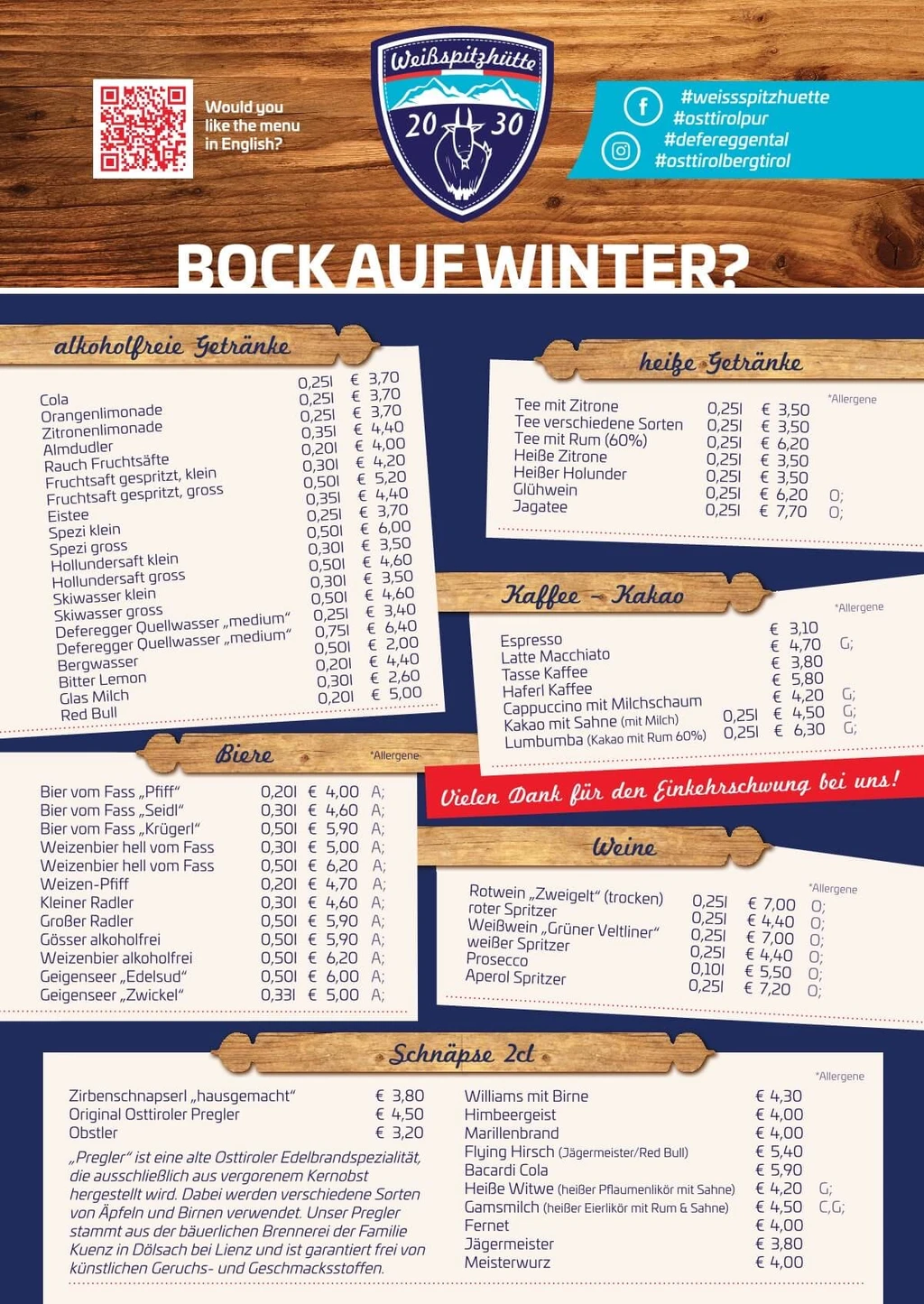 Getränkekarte Weißspitzhütte