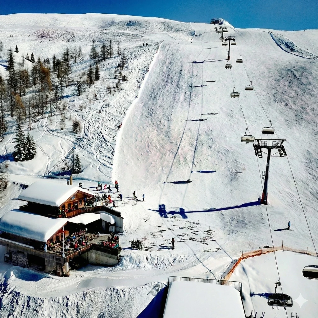 Die traditionelle Weißspitzhütte auf 2030m im winterlichen Skigebiet Brunnalm